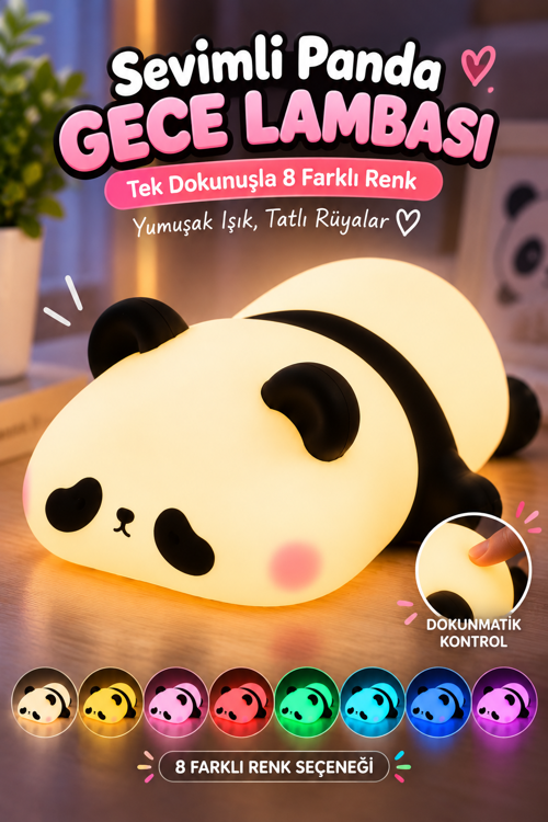 Panda Gece Lambası 8 Renk Değiştiren Dokunmatik Silikon Şarjlı Çocuk Odası Dekoratif Gece Işık USB-C