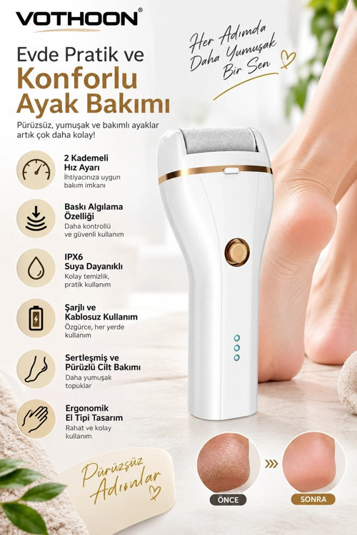 Şarjlı Ayak Törpüsü 2 Kademeli Hız Ipx6 Suya Dayanıklı Baskı Algılamalı Topuk Nasır Temizleyici