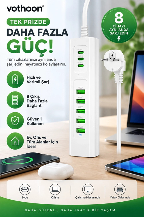8 Portlu Çoklu Usb Şarj İstasyonu 5 Usb + 3 Type-c Masaüstü Çoklu Şarj Cihazı