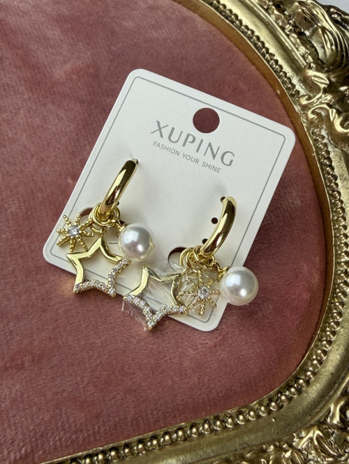 Xuping Gold Kaplama Zirkon Taşlı İnci Görünümlü Yıldız Küpe