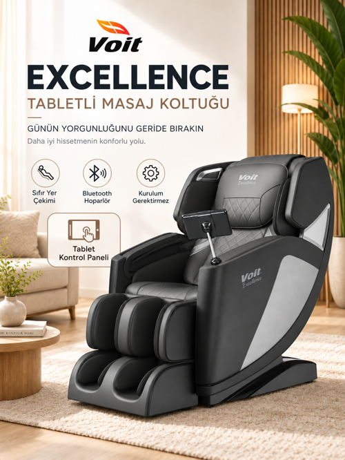 Excellence Tabletli 3D Masaj Koltuğu – Bluetooth, Isıtma ve 6 Otomatik Program