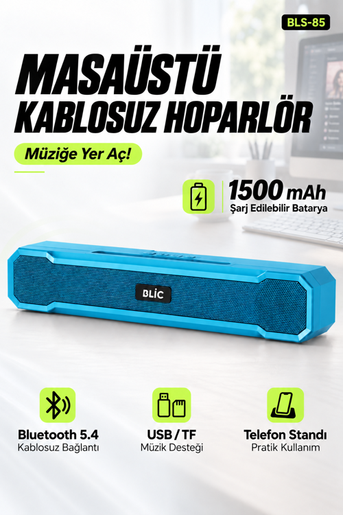 BLS-85 Bluetooth 5.4 Masaüstü Soundbar Hoparlör Mavi, Telefon Standlı, 1500 mAh Şarjlı, USB ve