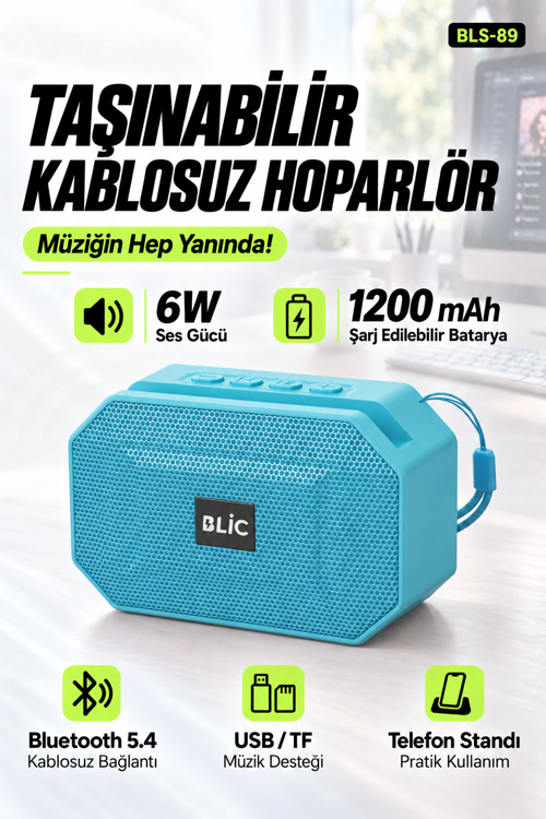 BLS-89 Bluetooth 5.4 Taşınabilir Hoparlör Mavi 6W RMS, Telefon Standlı, USB ve TF Kart Destekli