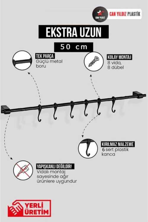 Duvar Mobilyaya Monte 6 Kancalı Fincan Kupa Bardak Kaşık Kepçe Askısı Siyah 50cm