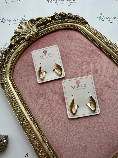 XUPING Gold Oval Formlu Çift Katmanlı Küpe