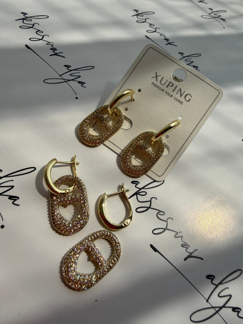 XUPING Gold Taşlı Kalp Figürlü Sallantılı Küpe