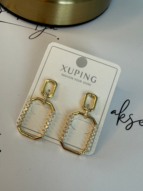 XUPING Gold Geometrik Çift Dikdörtgen Taşlı Sallantılı Küpe