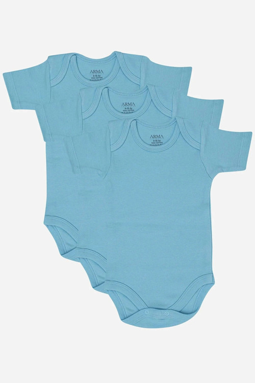 #ErkekZıbın Yumuşak Esnek Kaliteli %100 Organik Pamuk 3'lü Mavi Kısa Kollu Bebek Çıtçıtlı Zıbın Body