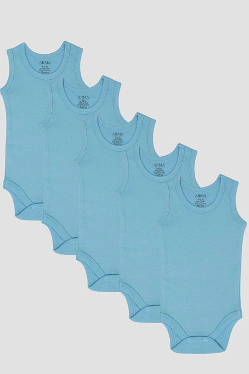 #ErkekZıbın Unisex Yumuşak %100 Organik Pamuklu Mavi Bebek Atlet Çıtçıtlı Zıbın Body 5'li Paket