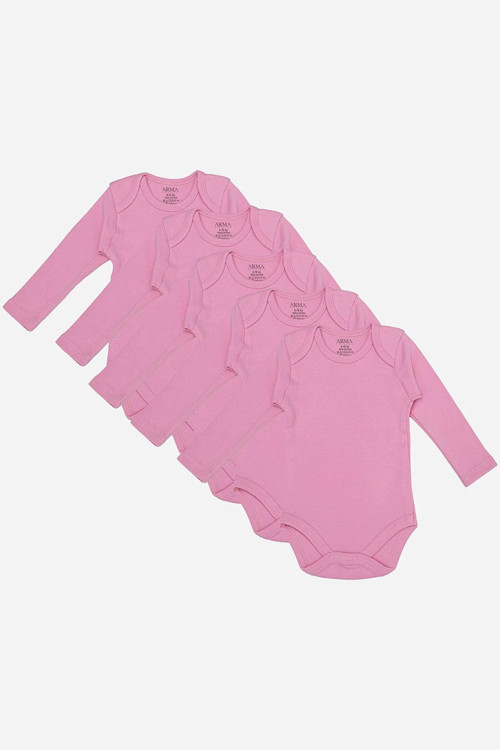 Özel Üretim Bisiklet Yaka Çıtçıtlı Rahat %100 Organik Pamuklu Pembe Uzun Kollu Bebek Body 5'li Paket