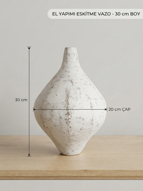El Yapımı Eskitme Beyaz Seramik Vazo - 30 cm Boy, 20 cm Çap, Dekoratif Obje