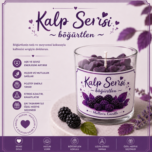 Kalp Serisi Böğürtlen Kokulu Mor Kalpli Bardak Mum – El Yapımı Soya Mum