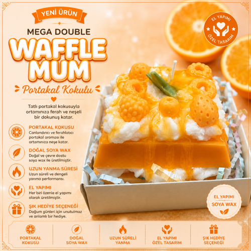 Mega Double Waffle Serisi Portakal Kokulu Dekoratif Waffle Mum – El Yapımı Soya Mum
