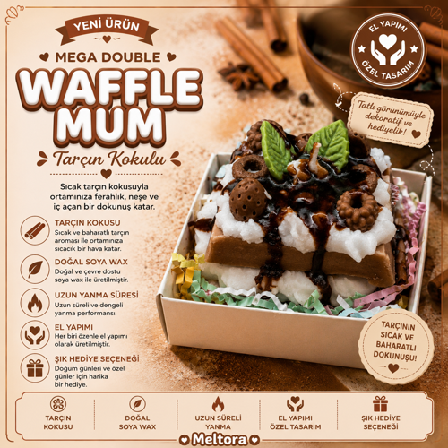 Mega Double Waffle Serisi Tarçın Kokulu Dekoratif Waffle Mum – El Yapımı Soya Mum