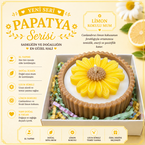 Papatya Serisi Sarı Papatya Formlu Limon Kokulu Dekoratif Mum – El Yapımı Soya Mum