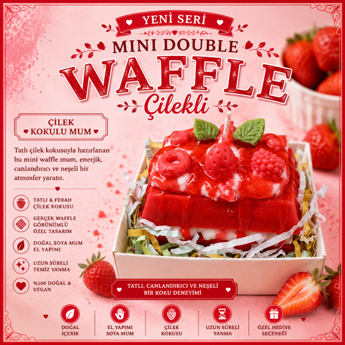 Mini Double Waffle Serisi Çilek Kokulu Dekoratif Waffle Mum – El Yapımı Soya Mum