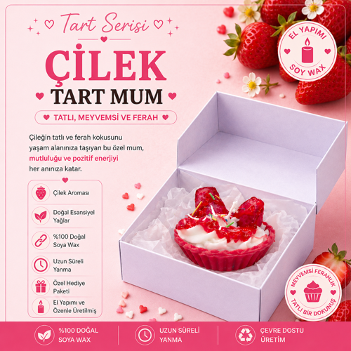 Tart Serisi Çilek Kokulu Dekoratif Tart Mum – El Yapımı Soya Mum