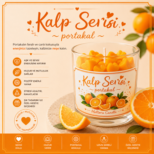 Kalp Serisi Portakal Kokulu Turuncu Kalpli Bardak Mum – El Yapımı Soya Mum