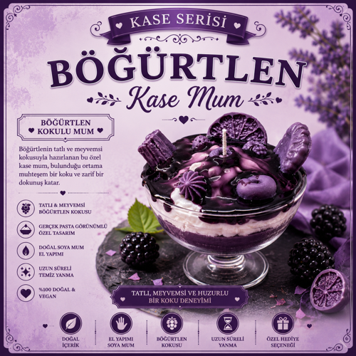 Kase Serisi Böğürtlen Kokulu Kase Tatlı Mum – El Yapımı Dekoratif Soya Mum