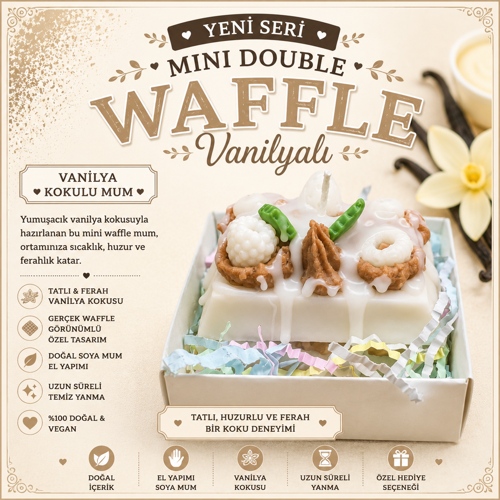Mini Double Waffle Serisi Vanilya Kokulu Dekoratif Waffle Mum – El Yapımı Soya Mum