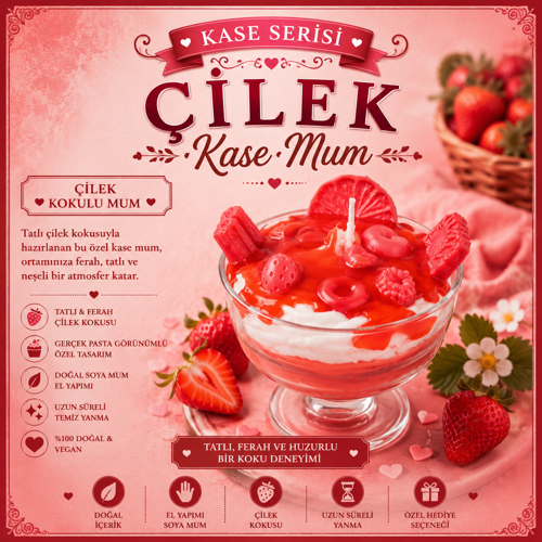 Kase Serisi Çilek Kokulu Kase Tatlı Mum – El Yapımı Dekoratif Soya Mum