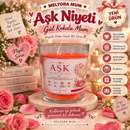 Niyet Serisi Gül Kokulu Aşk Niyeti Pembe Bardak Mum – El Yapımı Soya Mum