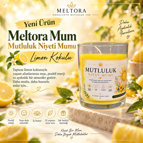 Niyet Serisi Limon Kokulu Mutluluk Niyeti Sarı Bardak Mum – El Yapımı Soya Mum