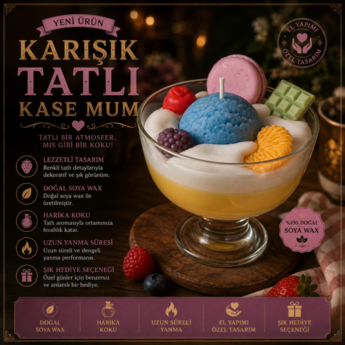 Kase Serisi Karışık Meyve ve Çikolata Kokulu Kase Tatlı Mum – El Yapımı Dekoratif Soya Mum