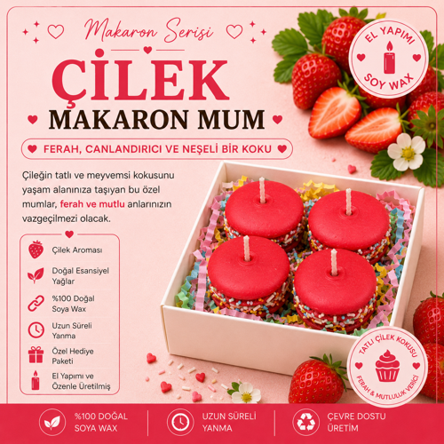 Makaron Serisi Çilek Kokulu 4’lü Dekoratif Makaron Mum Seti – El Yapımı Soya Mum