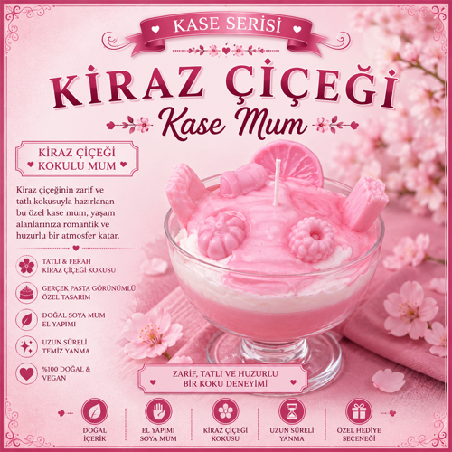 Kase Serisi Kiraz Çiçeği Kokulu Kase Tatlı Mum – El Yapımı Dekoratif Soya Mum