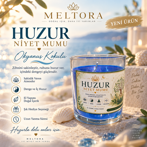 Niyet Serisi Okyanus Kokulu Huzur Niyeti Mavi Bardak Mum – El Yapımı Soya Mum