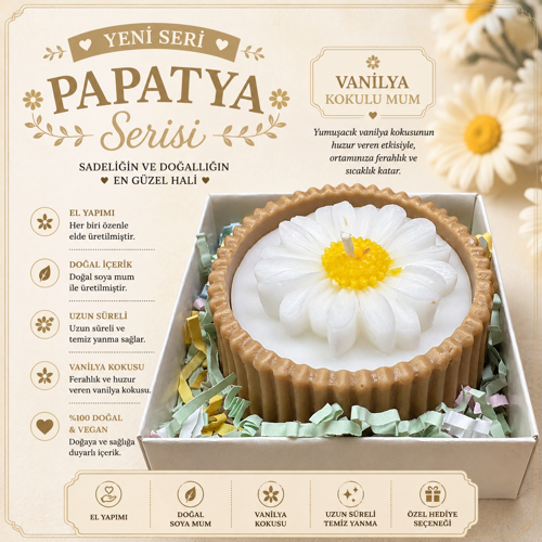 Papatya Serisi Beyaz Vanilya Kokulu Dekoratif Papatya Mum – El Yapımı Soya Mum