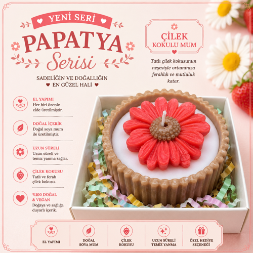 Papatya Serisi Kırmızı Papatya Formlu Çilek Kokulu Dekoratif Mum – El Yapımı Soya Mum