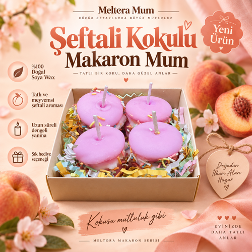 Makaron Serisi Şeftali Kokulu 4’lü Dekoratif Makaron Mum Seti – El Yapımı Soya Mum