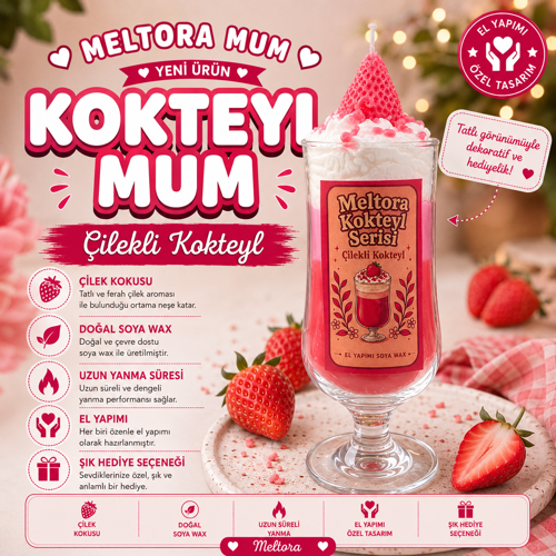 Kokteyl Serisi Çilek Kokulu Katmanlı Kokteyl Mum – El Yapımı Dekoratif Soya Mum