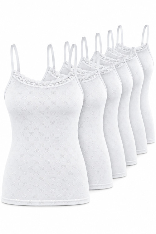 Kadın Pamuklu İp Askılı Dantelli Atlet 6’lı Paket %100 Pamuk Siyah Beyaz Ten M-L-XL-2XL