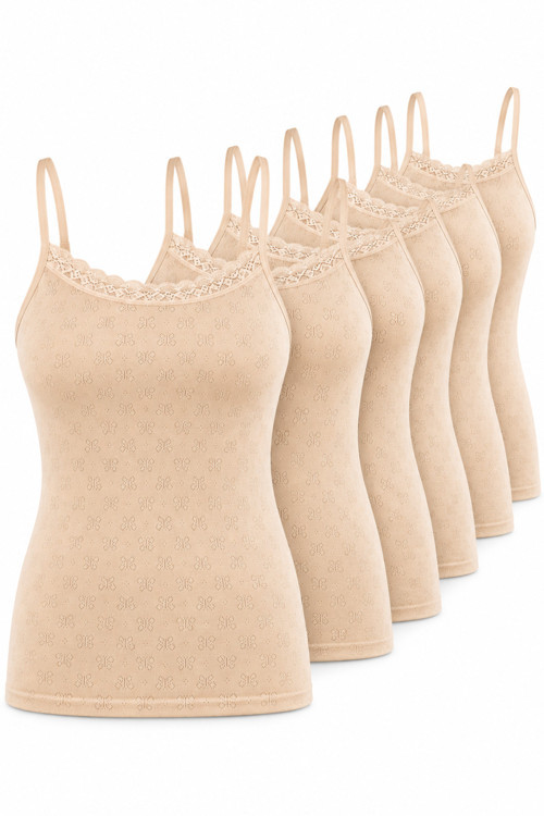 Kadın Pamuklu İp Askılı Dantelli Atlet 6’lı Paket %100 Pamuk Siyah Beyaz Ten M-L-XL-2XL