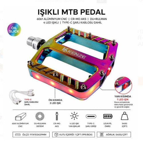 Kenze 3 Rulmanlı Işıklı Rainbow Alüminyum Alaşımlı Mtb Bmx Geniş Hafif Platform Pedal Işıklı Oilslick