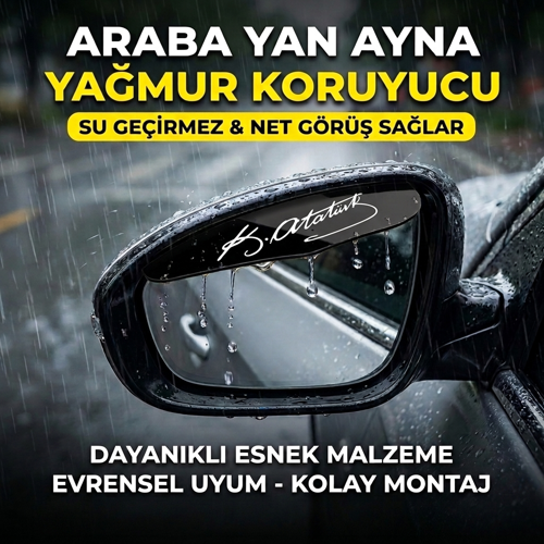 Atatürk İmzası Logolu Araba Ayna Yağmur Koruyucu Rüzgarlık - Tüm Araçlara Uyumlu Oto Araç Esnek Ayna Siperlik