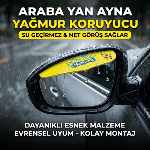 Sponge Bob Logolu Araba Ayna Yağmur Koruyucu Rüzgarlık - Tüm Araçlara Uyumlu Oto Araç Esnek Ayna Siperlik
