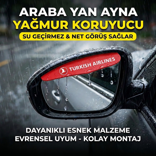THY Logolu Araba Ayna Yağmur Koruyucu Rüzgarlık - Tüm Araçlara Uyumlu Oto Araç Esnek Ayna Siperlik