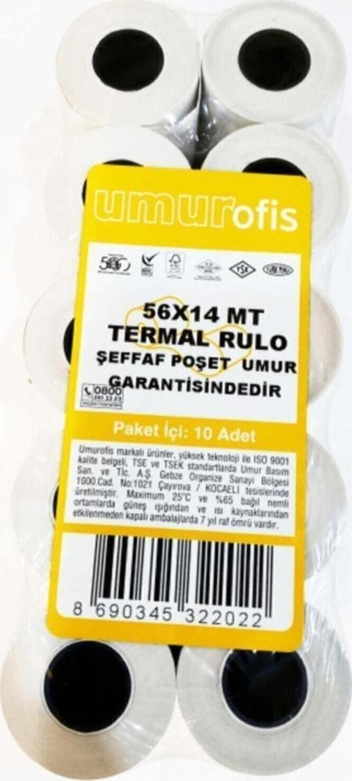 Yazar Kasa Rulosu Termal Pos Rulo Poşetli 56Mm X 14 Metre 35123459 (10 Lu Paket)