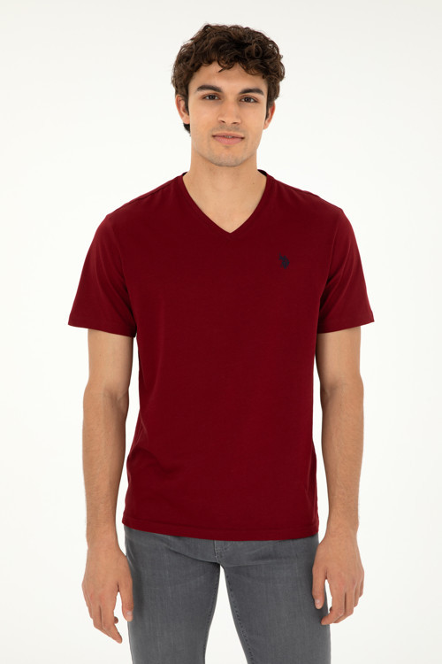 Erkek Regular Fit V Yaka Bordo Basic Tişört 50279617-VR177