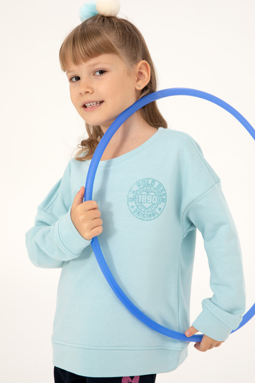 Kız Çocuk Su Yeşili Bisiklet Yaka Basic Sweatshirt 50296391-VR083