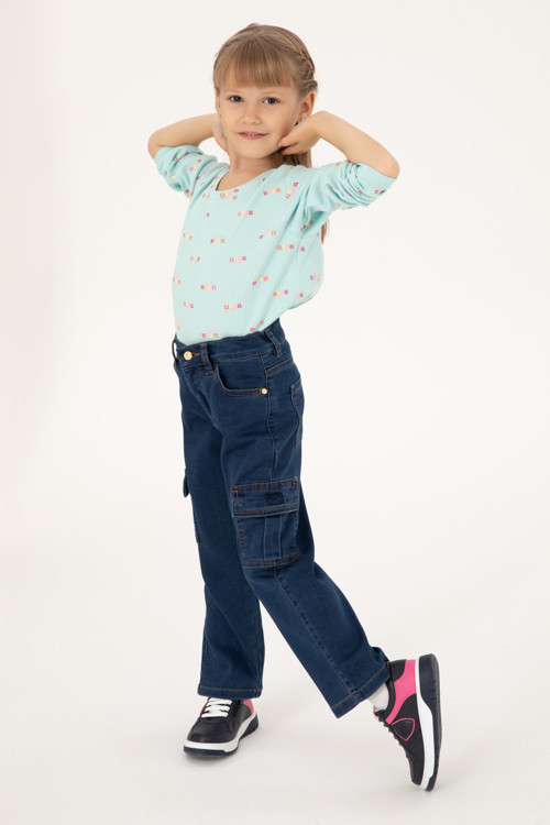 Kız Çocuk Su Yeşili Bisiklet Yaka Sweatshirt 50298175-VR083