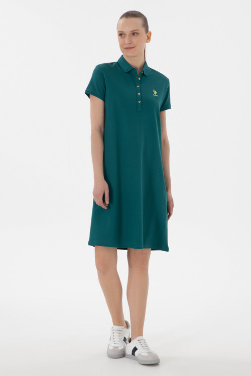 Kadın Koyu Yeşil Polo Yaka Mini Boy Örme Elbise 50280038-VR101