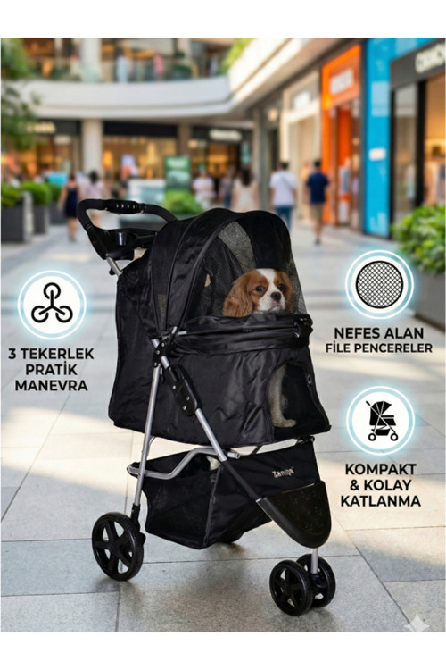 Zampa Triboro Pratik Katlanır 3 Tekerlekli Kedi ve Köpek Arabası - Siyah