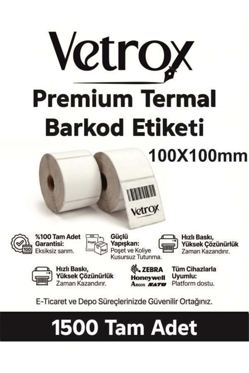 1.KALİTE TERMAL BARKOD ETİKETİ 100X100 mm 1500 Adet-TAM ADET