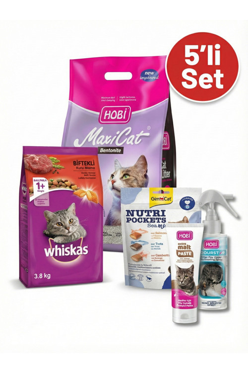 Kedi Fırsat Paketi No:1 - Whiskas 3.8kg, Gimcat Ödül ve Hobi Bakım Seti (5 Parça)