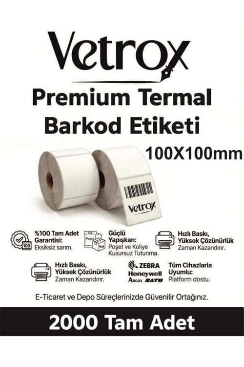1.KALİTE TERMAL BARKOD ETİKETİ 100X100 mm 2000 Adet-TAM ADET